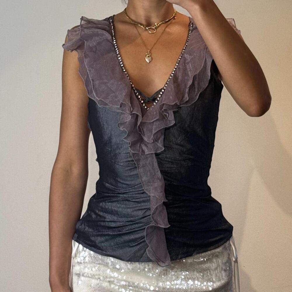 Grey Ruffled Top with Rhinestones M